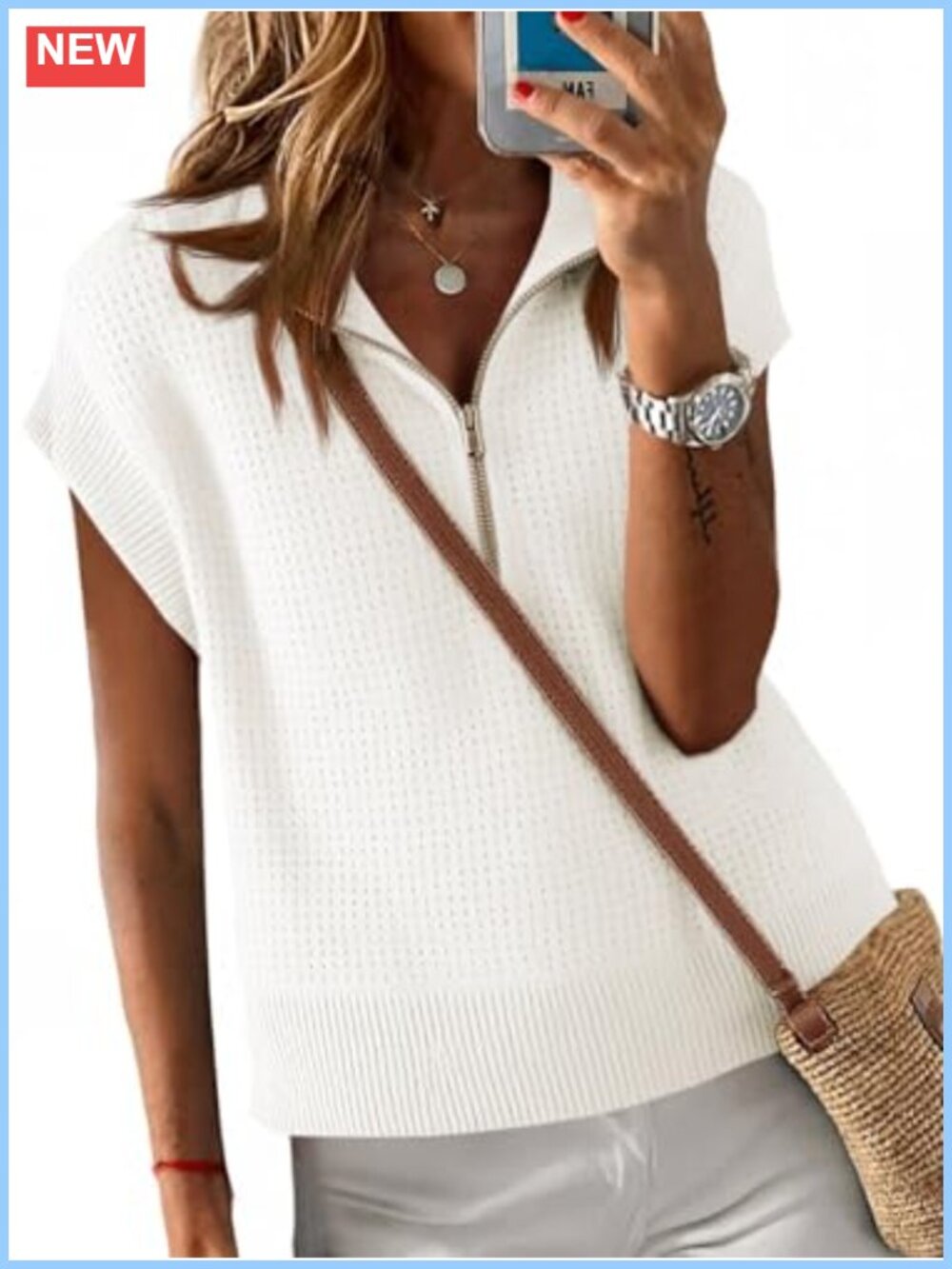 Cropped Half Zip Knit Sweater Vest, Lightweight Oversized Pullover